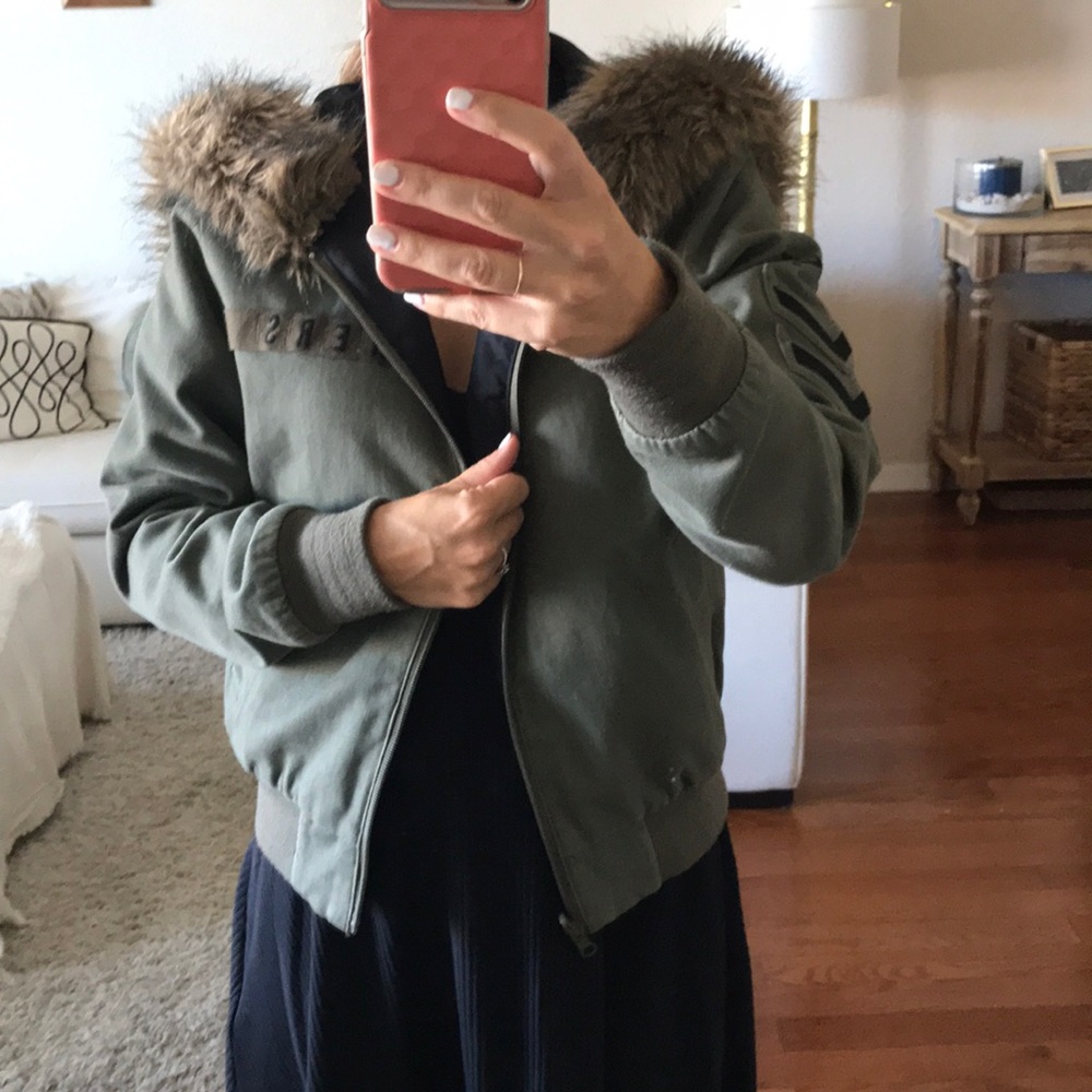 Fur trim hood reversible stussy bomber jacket